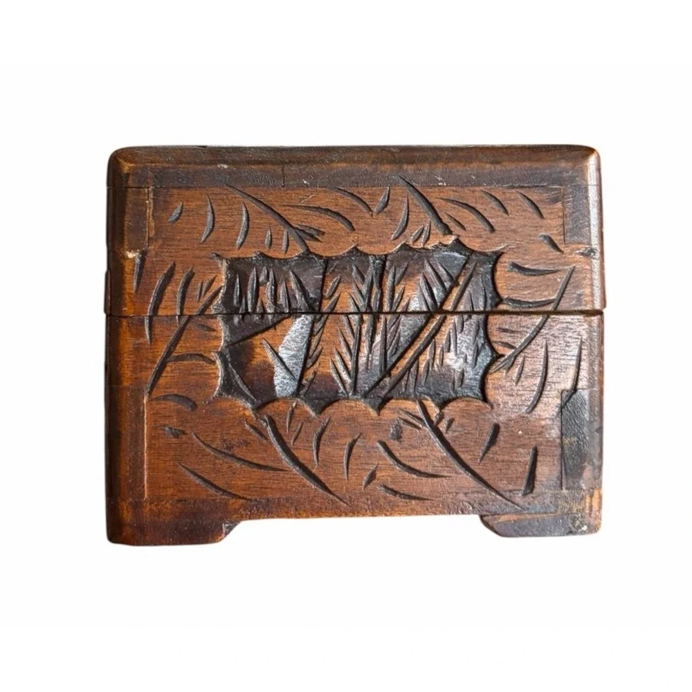 Mid Century Chinese Hand Carved Wood‎ Box Jewelry Chest Hinged Lid Hong Kong